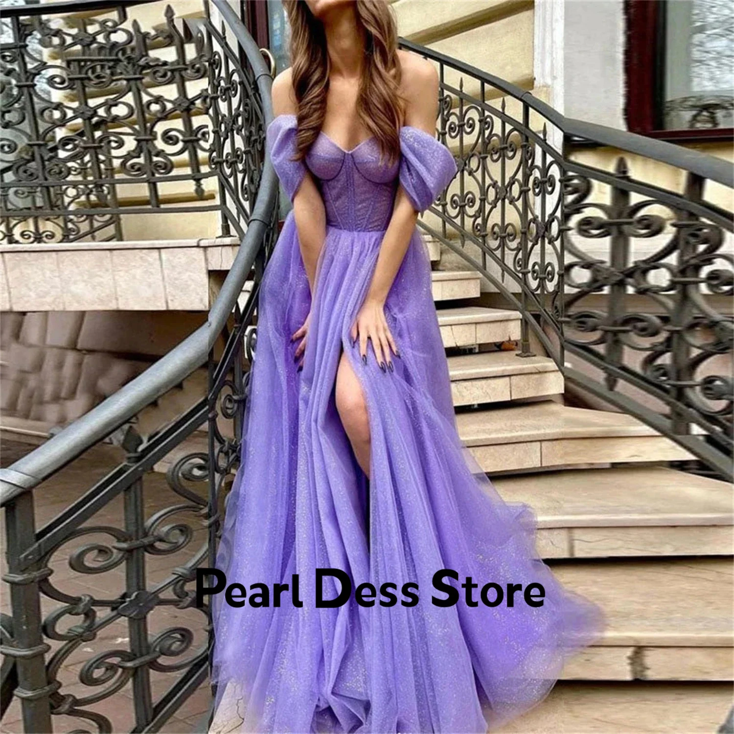 Фиолетовое блестящее вечернее платье, подходящее для бала, серия A, бальное платье, платье подружки невесты, роскошное вечернее платье из Дубая с открытыми плечами