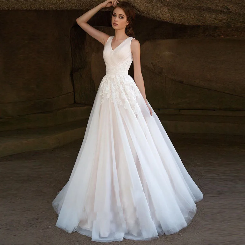 Элегантное новое свадебное платье без рукавов с открытой спиной, тюль, винтажные аппликации, свадебное платье с глубоким V-образным вырезом, свадебное платье