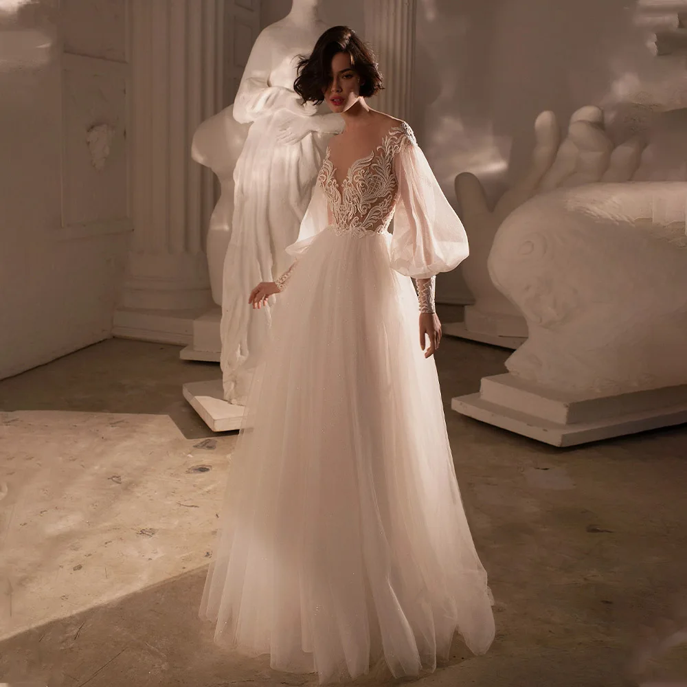 Элегантные свадебные платья принцессы с кружевной аппликацией и длинными пышными рукавами, сшитые на заказ для официальной вечеринки в 2024 году Rode De Morrie