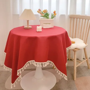 хлопчатобумажная льняная скатерть с бахромой для ежедневного круглого стола, красная длинная скатерть для стола